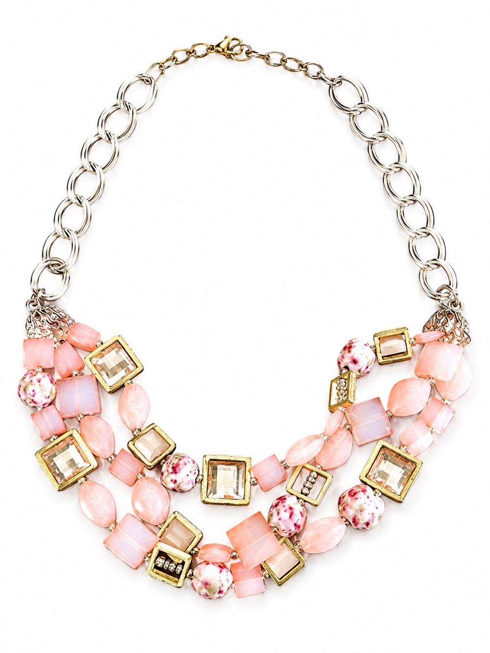 Anthropologie Pink Multi Strand Statement Necklace Crystal Bead Gold Chunky
